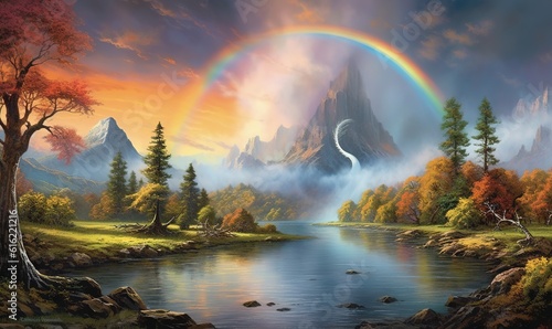  a painting of a rainbow over a mountain lake and a rainbow in the sky over a mountain lake and a rainbow in the sky over the water.  generative ai