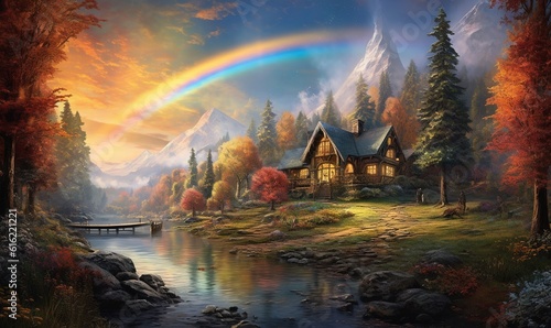  a painting of a house with a rainbow in the sky over a lake and mountains in the background with a bench in the foreground. generative ai