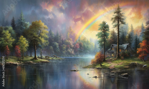  a painting of a rainbow over a lake with a house in the distance and a rainbow in the sky over the water with a boat in the foreground. generative ai