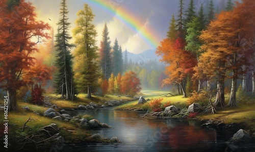  a painting of a rainbow in the sky over a river and forest with rocks and trees in the foreground and a rainbow in the background. generative ai