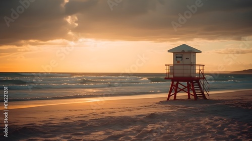 A beautiful sandy beach with evening golden hour sunset  and lifeguard tower  cloudy sky  good for background and backdrops. Summer beach. Generative AI technology.