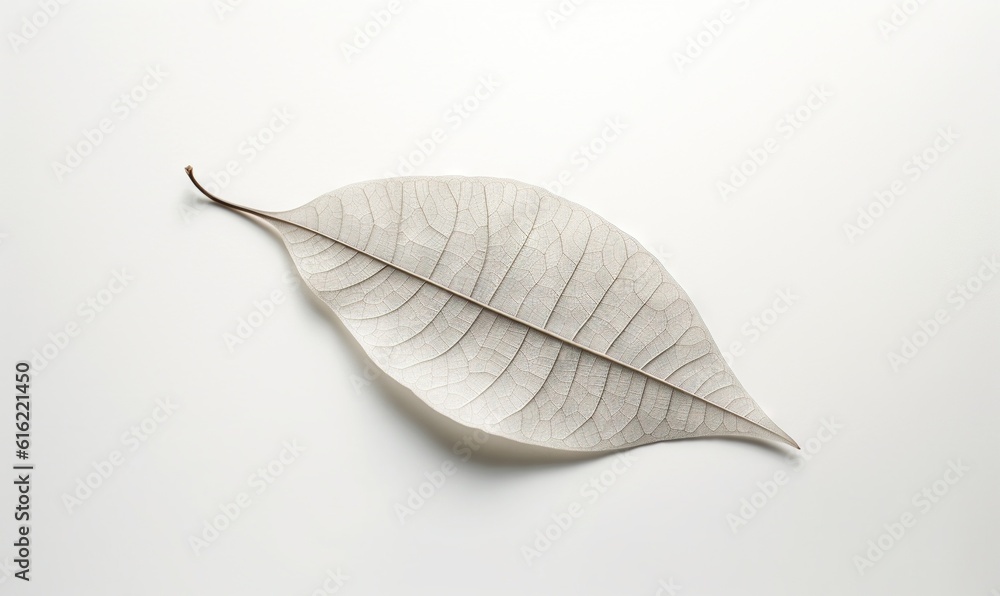 a single leaf laying on top of a white table top next to a white wall with a black frame on it and a black and white background. generative ai a single leaf laying on top of a white table top next to a white wall with a black frame on it and a black and white background. generative ai