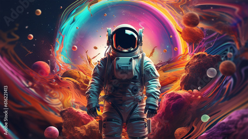 Beautiful painting of an astronaut in a colorful galaxy on a different planet background, generative ai