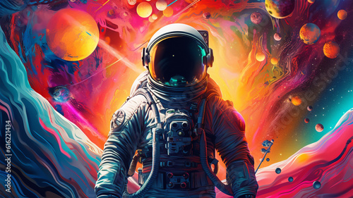 Beautiful painting of an astronaut in a colorful galaxy on a different planet background, generative ai