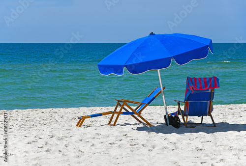 Blue Beach Chairs with Umbrella
