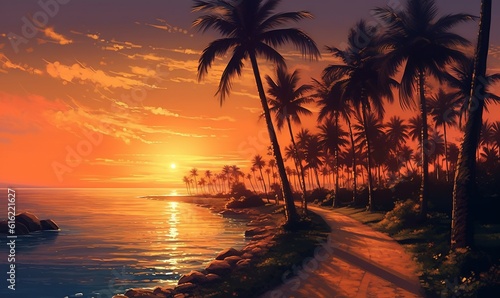  a painting of a sunset over a beach with palm trees and a path leading to the ocean with a rock outcropping in the foreground. generative ai