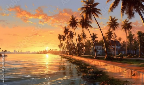 a painting of a sunset on a tropical beach with palm trees and a boat in the water near the shore of a tropical beach with a row of palm trees. generative ai