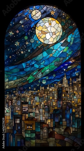 City at night in stained glass style, abstract and geometric shapes, blue sky with stars and moon, generative AI © Jose