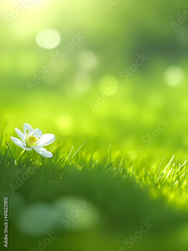 Green grass and little flower on light green blurred background,generative ai