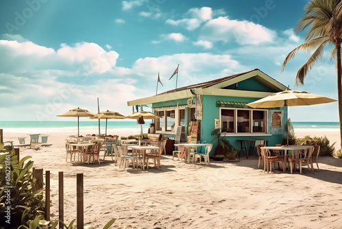 Picturesque seaside cafe on blue sky background. Generative AI