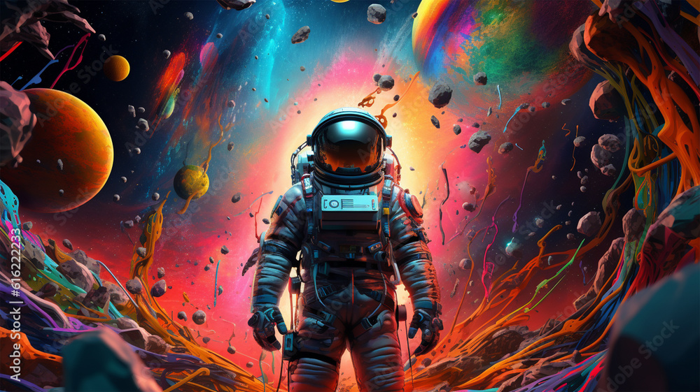 Beautiful painting of an astronaut in a colorful galaxy on a different planet background, generative ai Beautiful painting of an astronaut in a colorful galaxy on a different planet background, generative ai