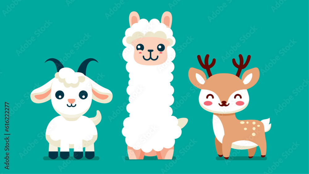 Fototapeta premium Set of cute wild animals, gazelle, Llama, goat, Safari jungle animals flat vector illustration 