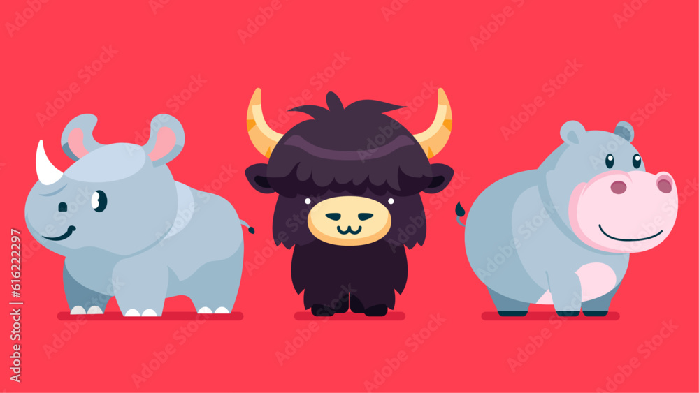 Obraz premium Set of cute wild animals, hippopotamus, rhinoceros, Buffalo, Safari jungle animals flat vector illustration 