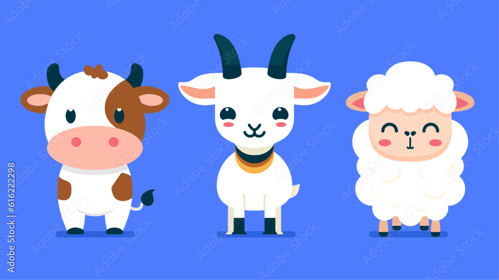 Set of cute wild animals, sheep, cow, goat, Safari jungle animals flat vector illustration Set of cute wild animals, sheep, cow, goat, Safari jungle animals flat vector illustration