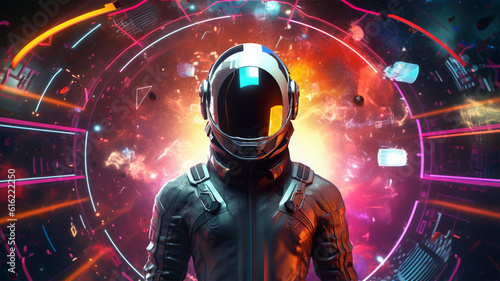 Beautiful painting of an astronaut in a colorful galaxy on a different planet background, generative ai © bakul