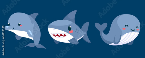 Set of cute wild animals, whale, dolphin, shark, Safari jungle animals flat vector illustration 