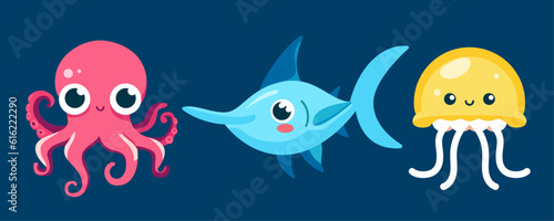 Set of cute wild animals, jellyfish, Swordfish, octopus, Safari jungle animals flat vector illustration © Flat