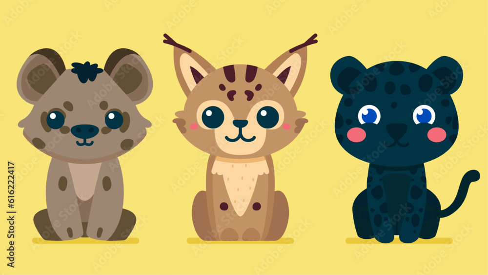 Set of cute wild animals, hyena, Black Panther, lynx, Safari jungle animals flat vector illustration Set of cute wild animals, hyena, Black Panther, lynx, Safari jungle animals flat vector illustration