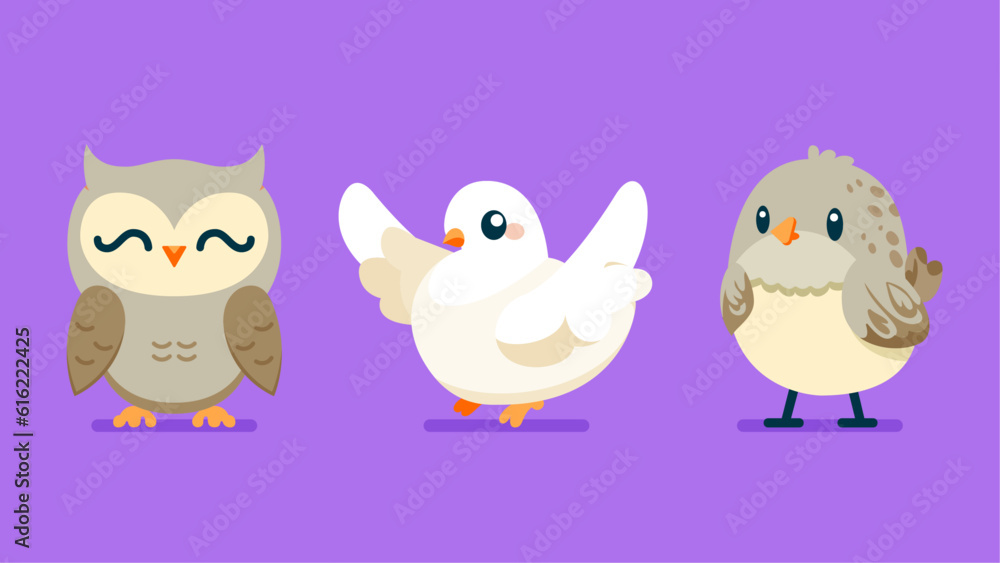 Set of cute wild animals, Quail, pigeon, dove, owl, Safari jungle animals flat vector illustration Set of cute wild animals, Quail, pigeon, dove, owl, Safari jungle animals flat vector illustration