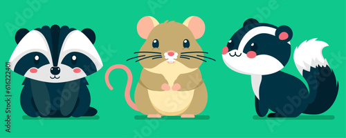 Set of cute wild animals, skunk, raccoon, mouse, hamster, Safari jungle animals flat vector illustration 