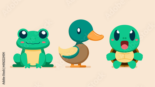 Photography Set of cute wild animals, turtle, mallard duck, frog, Safari jungle animals flat