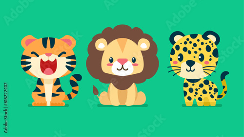 Set of cute wild animals, Lion, tiger, leopard, Safari jungle animals flat vector illustration 