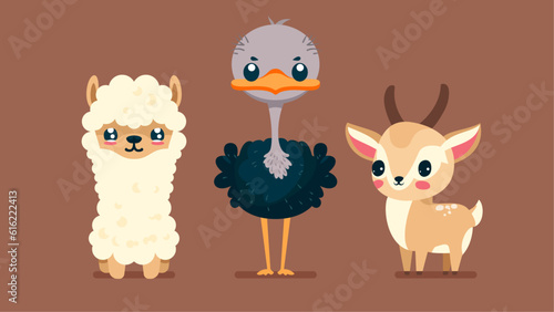 Set of cute wild animals, gazelle, ostrich, Llama, Safari jungle animals flat vector illustration 