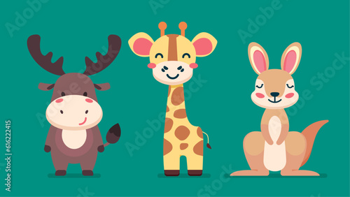 Set of cute wild animals, Kangaroo, giraffe, deer, Safari jungle animals flat vector illustration 