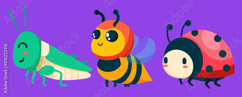 Set of cute wild animals, ladybug, wasp, bee, grasshopper, Safari jungle animals flat vector illustration  © Flat