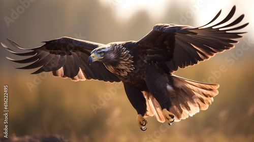 Close up shot of Golden eagle Aquila chrysaetos flying catching a prey. Generative AI technology. © Riocool
