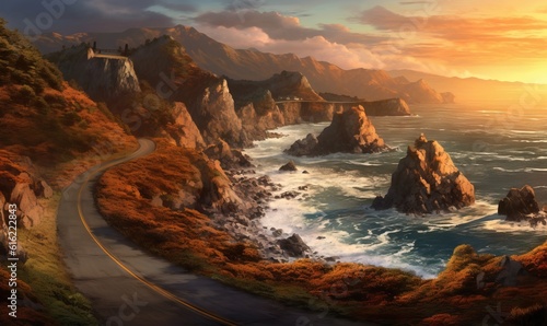  a painting of a road going to a cliff by the ocean with a lighthouse on top of the cliff and the sun setting over the ocean. generative ai