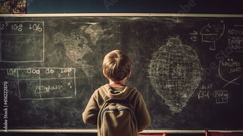 Pupil schoolboy near the blackboard answers, studying in a school class, background with a place for text, horizontal image, generative AI