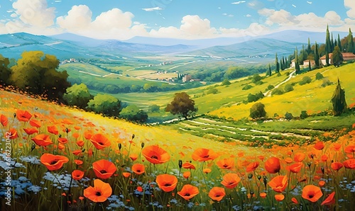  a painting of a field of poppies and a house on a hill in the distance with a blue sky and white clouds above it. generative ai