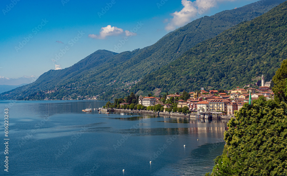 Cannero Riviera, Lake Maggiore. Panoramic view from the seafront of the old town. Piedmont, Italian Lakes, Italy, Europe