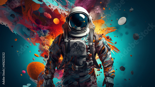 Beautiful painting of an astronaut in a colorful galaxy on a different planet background, generative ai