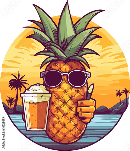 Pineapple mascot wearing sunglass in beach and drink