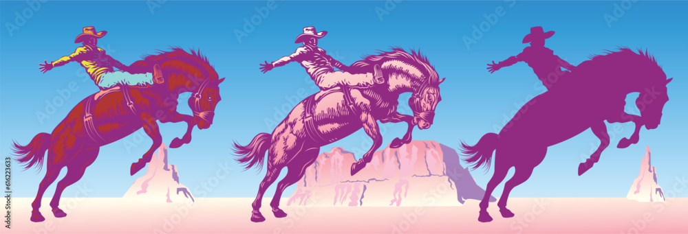 vector set of illustrated cowboy riding wild mustang horse against weathered desert mountains background - obrazy, fototapety, plakaty 
