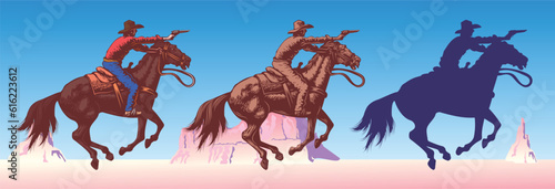 vector set of illustrated cowboy riding wild mustang horse against weathered desert mountains background