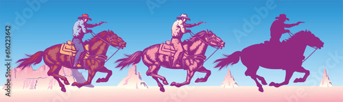 vector set of illustrated cowboy riding wild mustang horse against weathered desert mountains background