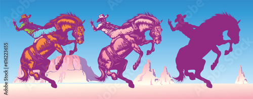 vector set of illustrated cowboy riding wild mustang horse against weathered desert mountains background