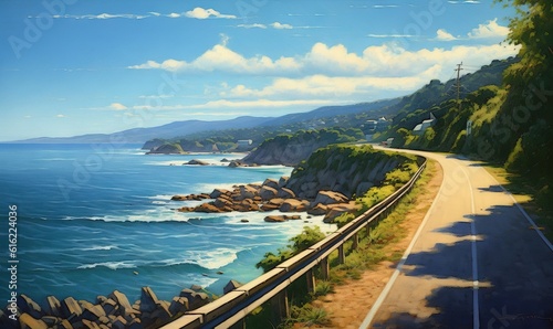  a painting of a road by the ocean with a view of the mountains and the ocean behind it with a train on the tracks going by. generative ai