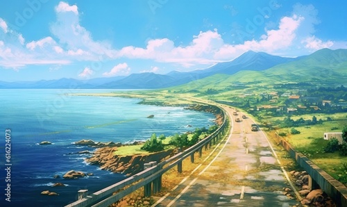  a painting of a scenic road by the ocean with mountains in the background and a blue sky with clouds in the sky with a few white clouds.  generative ai