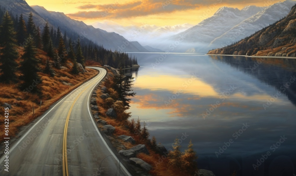  a painting of a road going through a mountain range next to a body of water with a mountain range in the background and a lake in the foreground.  generative ai