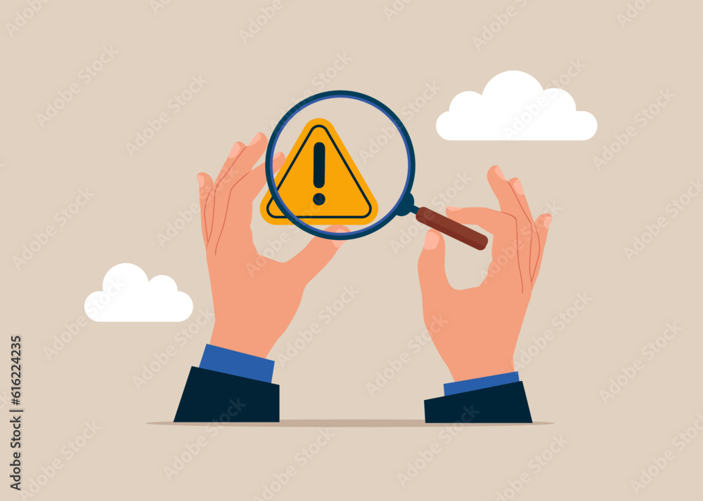 Hand human with magnifying glass and with exclamation attention sign. Root cause analysis or solving problem. Flat vector illustration - obrazy, fototapety, plakaty 