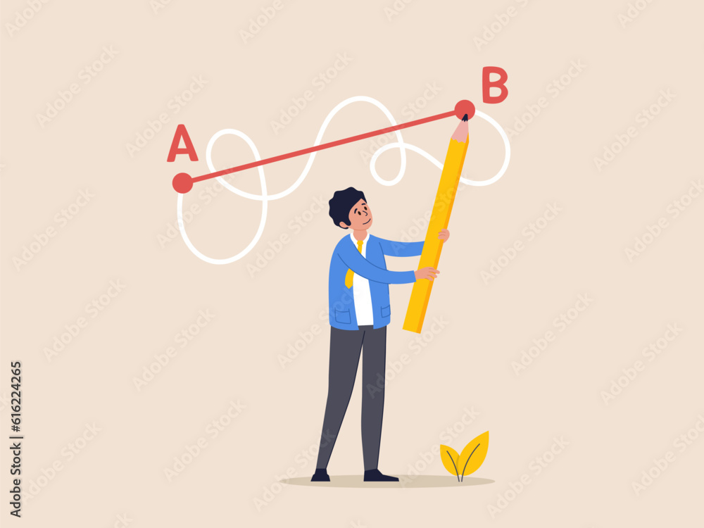 Easy or shortcut way to win business success or hard path and obstacle concept. Man holding pen in hand leads a drawing line from point A to point B, Straight and complicated path.