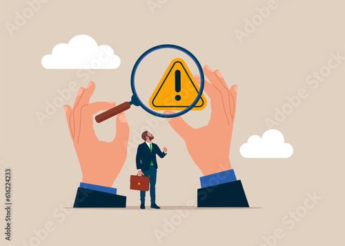 Businessman with magnifying glass. Root cause analysis or solving problem. Flat vector illustration