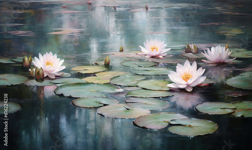  a painting of water lilies in a pond with lily pads in the foreground and a fountain in the background with water lilies in the foreground. generative ai