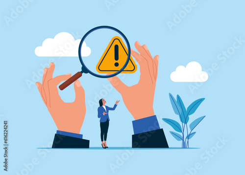 Woman with magnifying glass and investigate incident with exclamation attention sign Fototapet