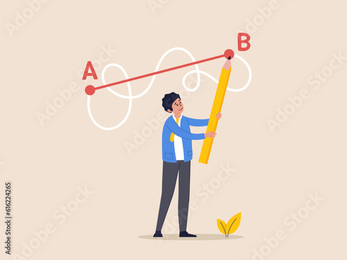 Easy or shortcut way to win business success or hard path and obstacle concept. Man holding pen in hand leads a drawing line from point A to point B, Straight and complicated path.