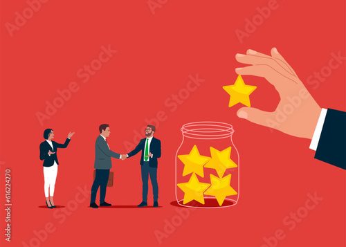 Business team handshake welcome and collect five star rating into Glass Jar. Flat vector illustration 